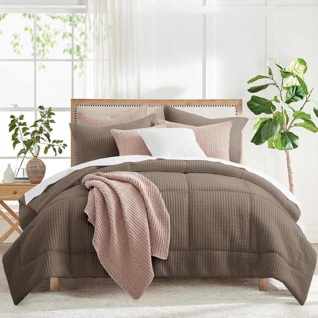 Levtex Home Mills Waffle King/Cal King Comforter Set (106x94in) with 2 Pillow Shams (36x20in) - Latte - 100% Cotton King Size Comforter Set - Soft, Pre-Washed