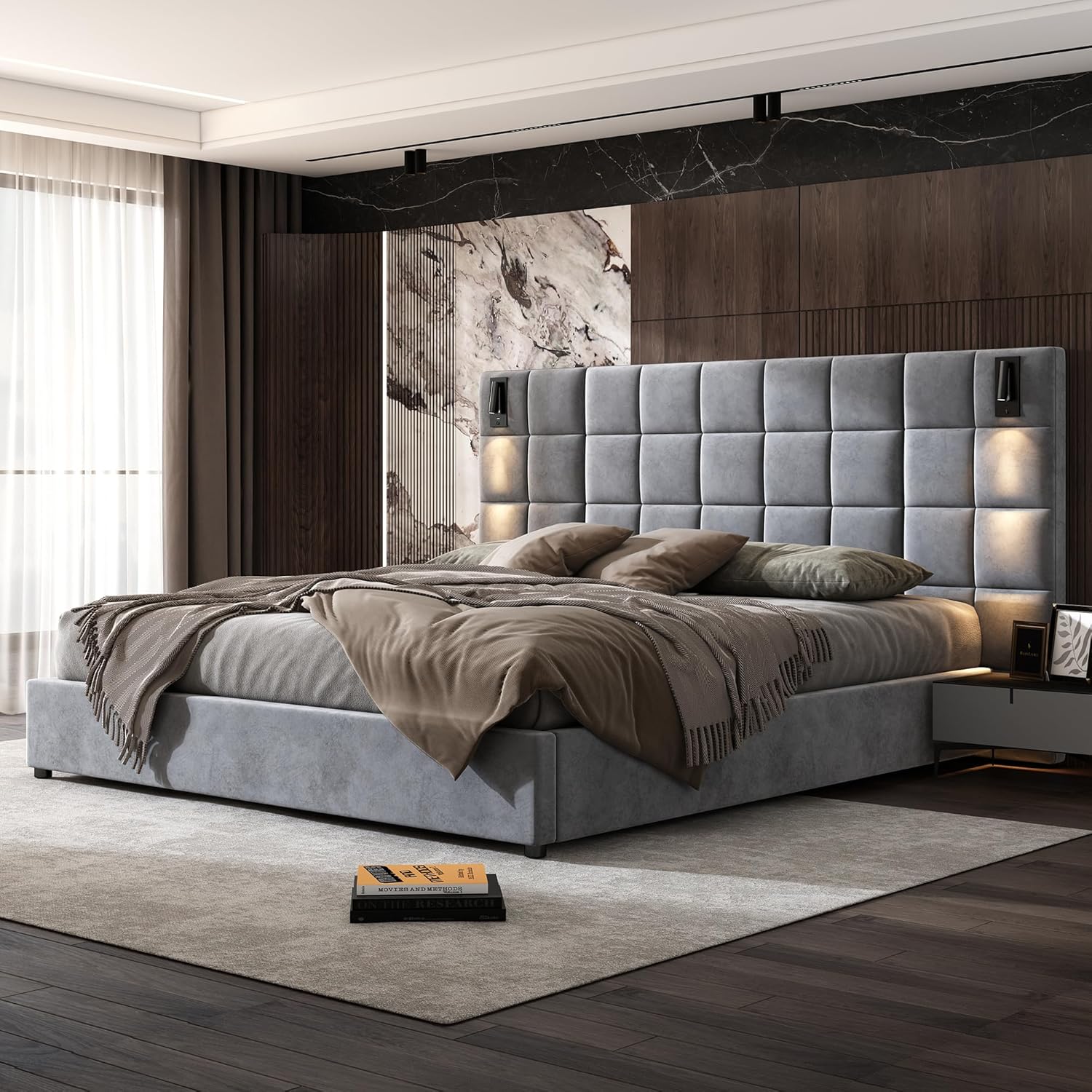 Christopher Knight Home Svens 46' High Headboard Bed, King Size Platform Bed Frame, Soft Velvet Upholstered California King Bed Frame, Square Pattern Design with Reading Lamps and USB Ports, Grey