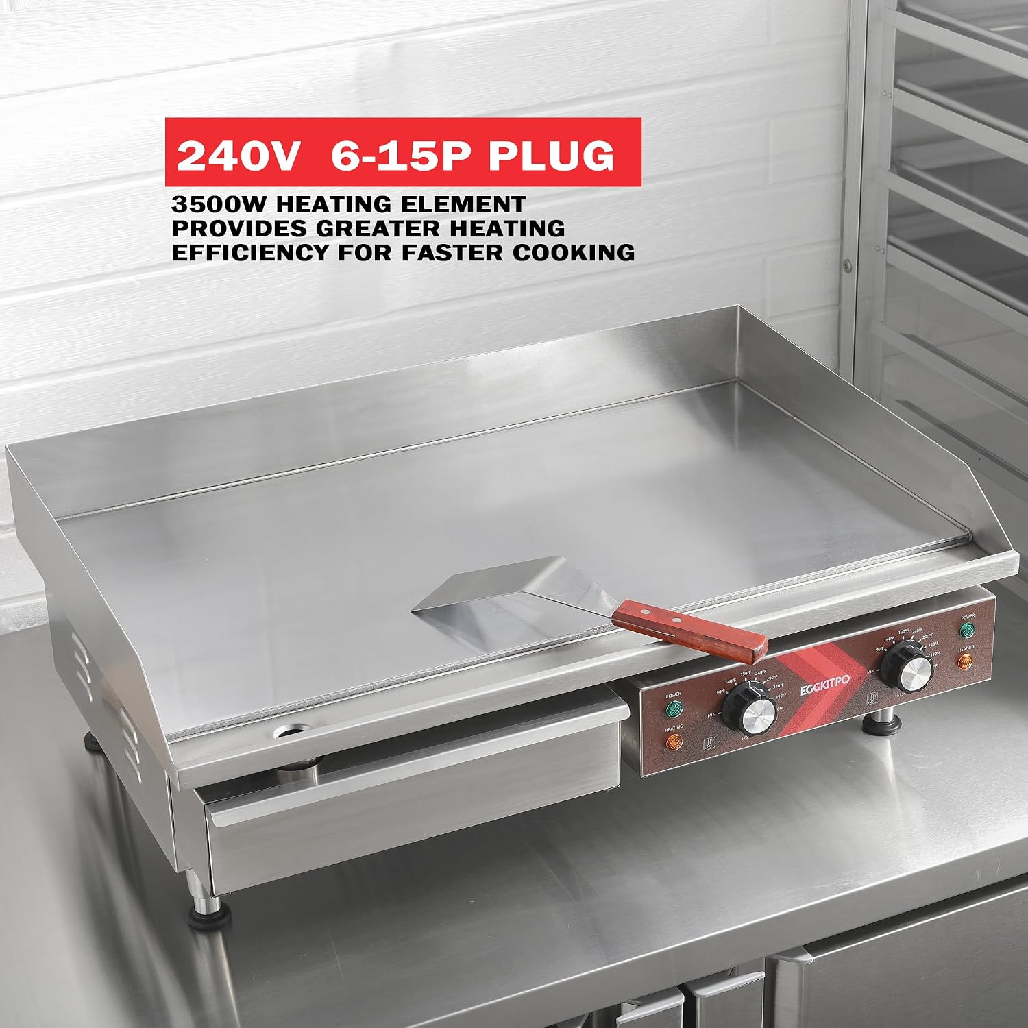 EGGKITPO 240V Commercial Electric Griddle 29 Inch Large Countertop Griddle 3500W Non-Stick Flat Top Grill Stainless Steel Teppanyaki Griddle with Adjustable Temperature 90℉-575℉ for Restaurant Use