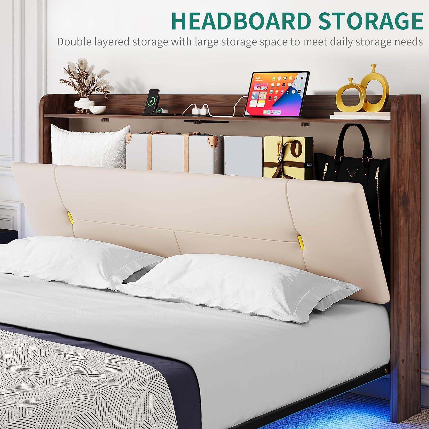 YITAHOME Queen Size Floating Bed Frame with Charging Station, PU Upholstered Platform Bed with 43.3'' Headboard, Hidden Storage, RGB LED Lights, No Box Spring Needed, Easy Assembly, Noise-Free, Beige