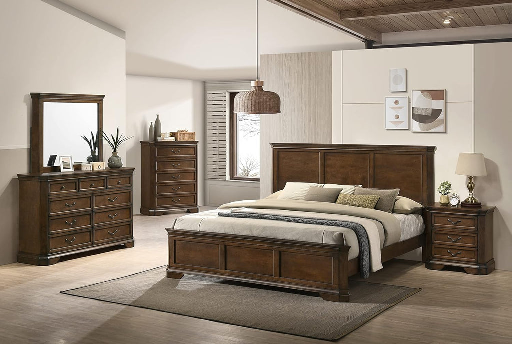 Roundhill Furniture Maderne Traditional Wood Panel Bed with Dresser, Mirror, Nightstand, Chest, Queen, Antique Walnut Finish
