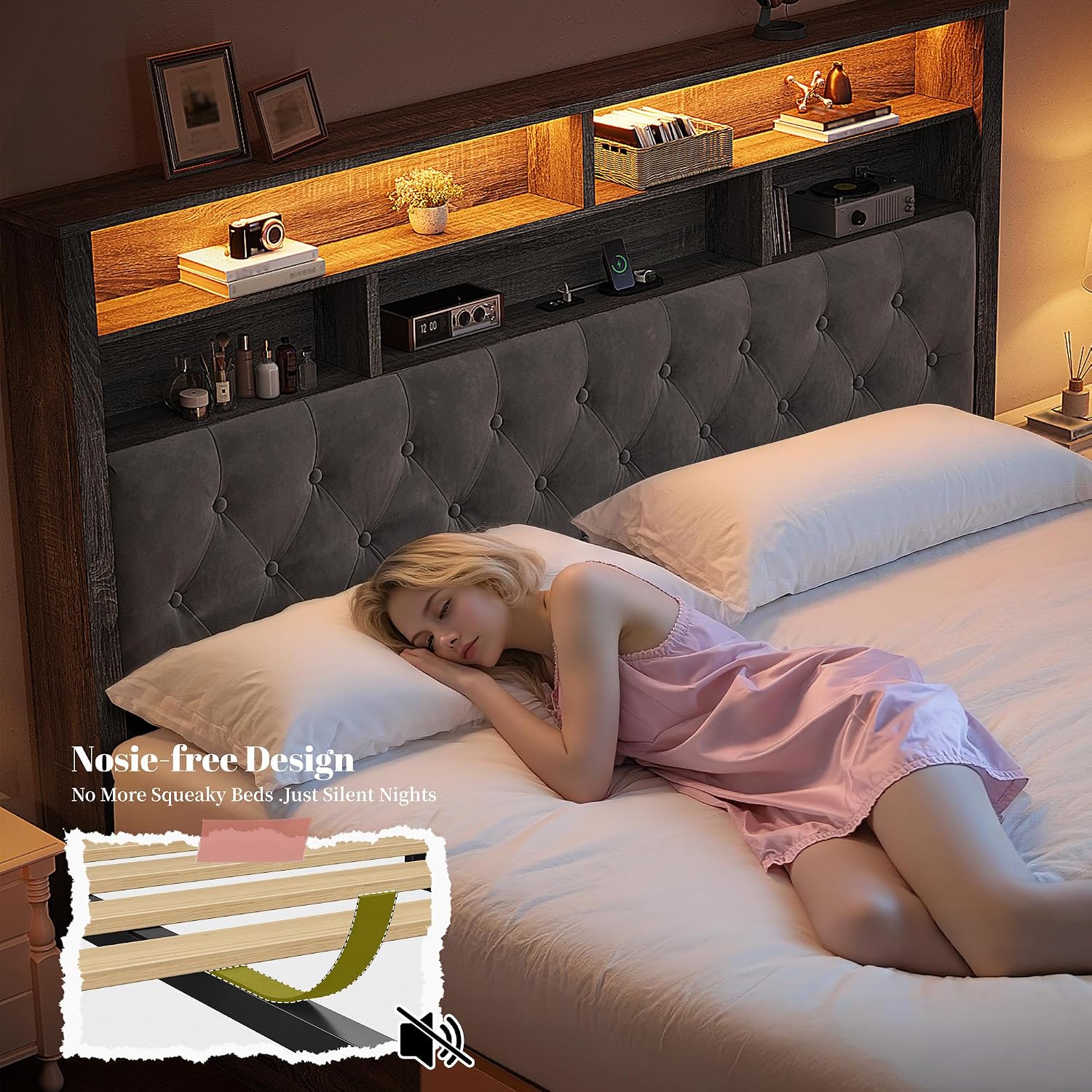 EnHomee King Size Bed Frame with 4 Drawers and Upholstered Storage Headboard,Wooden King Bed Frame with Charging Station and LED Lights,NO Noise,No Box Spring Needed,Gray