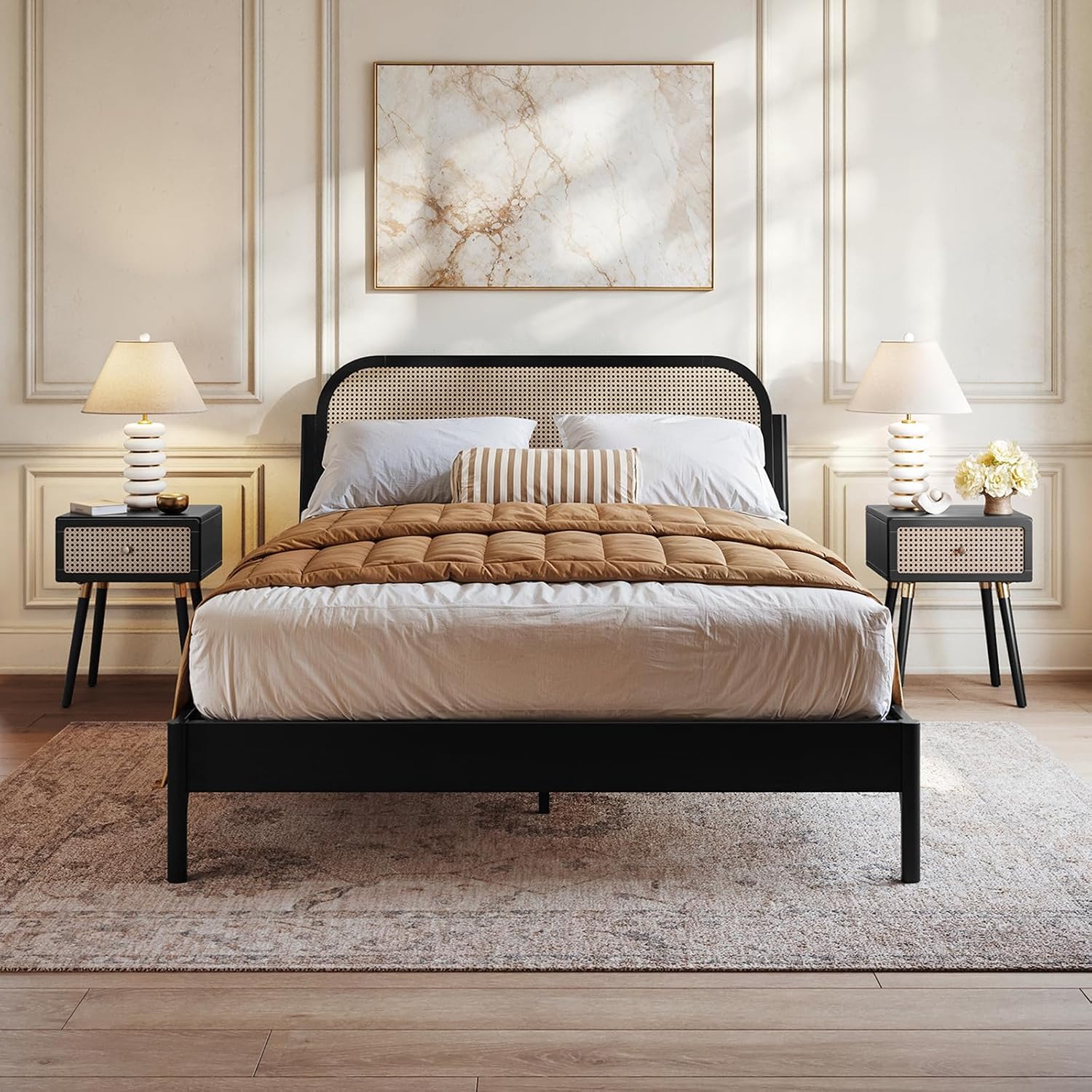 Bme Aurelia Headboard Queen Size Bed Frame, Solid Acacia Wood, Boho & Mid-Century Modern Style, Rattan Headboard, US Patent Pending Design, Slat Support and No Box Spring Needed, Easy Assembly, Black