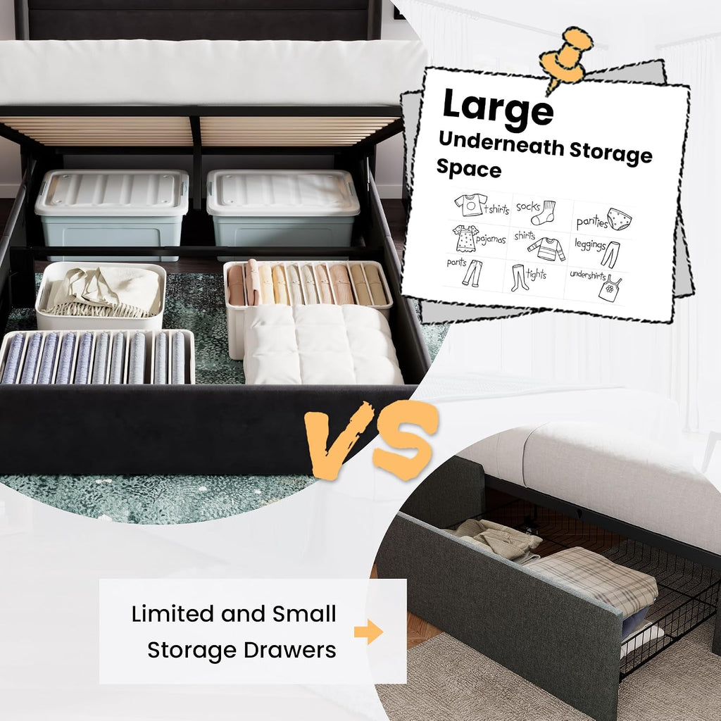 SHA CERLIN Queen Size Lift Up Storage Bed/Velvet Upholstered/Modern Wingback Headboard/Upholstered Platform Bed Frame/Hydraulic Storage/No Box Spring Needed/Black