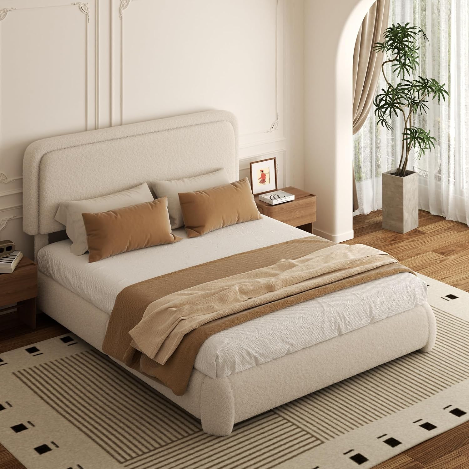 Queen Bed Frame, Teddy Velvet Boucle Bed Frame with 43.3'/45.3' Adjustable Upholstered Headboard, Rounded Corners, Mattress Foundation, No Box Spring Required, Beige