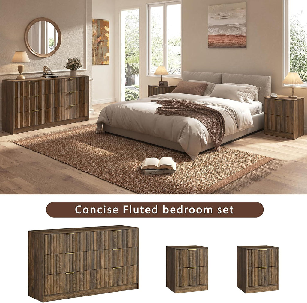 3-Piece Modern Bedroom Furniture Set, Wide 6-Drawer Dresser & 2-Drawer Nightstands Set of 2, Natural Wood Dresser and Nightstand Sets for Bedroom, Hallway, Walnut