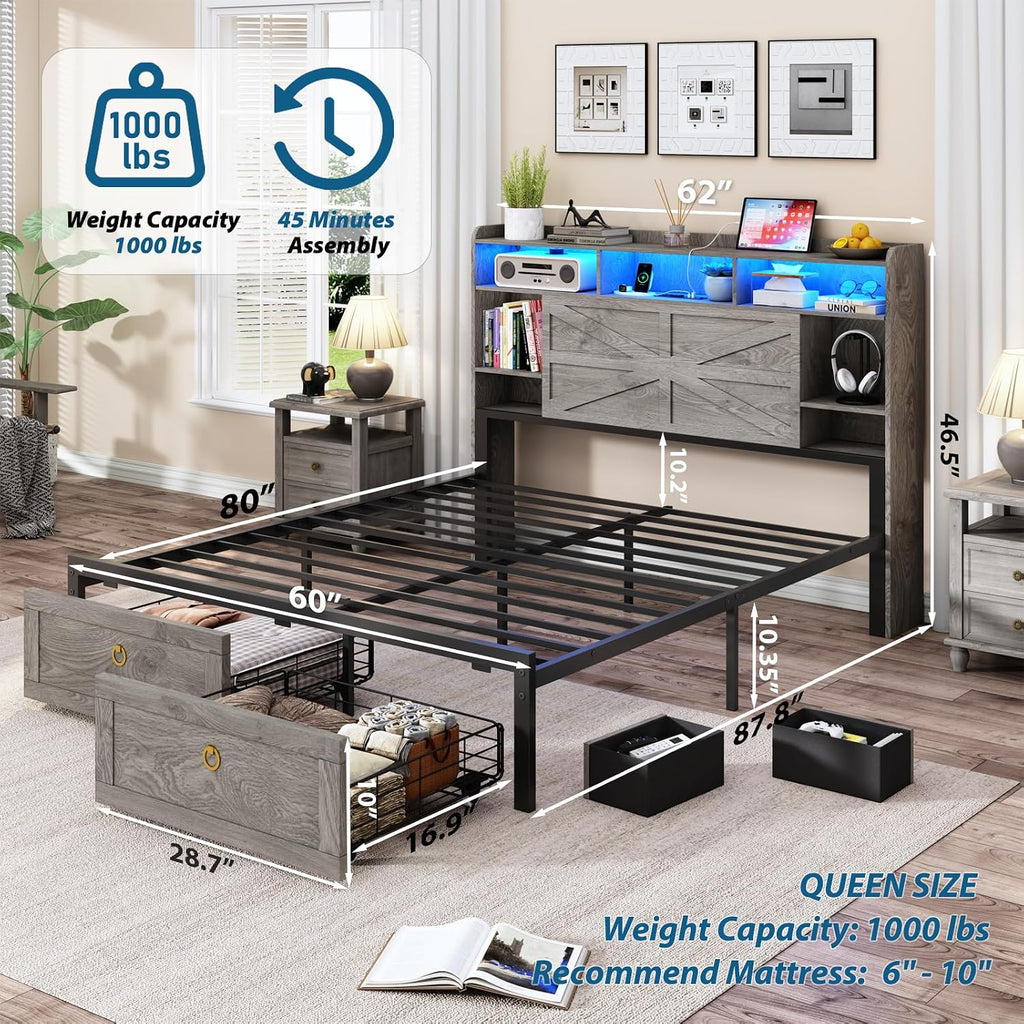 TIGUBFRE Queen Bed Frame with Storage Headboard, Farmhouse Wood Bed Frame Queen Size with 4 Drawers, LED Light & Charging Station, Metal Slats Support, Noise Free, No Box Spring Needed, Rustic Gray