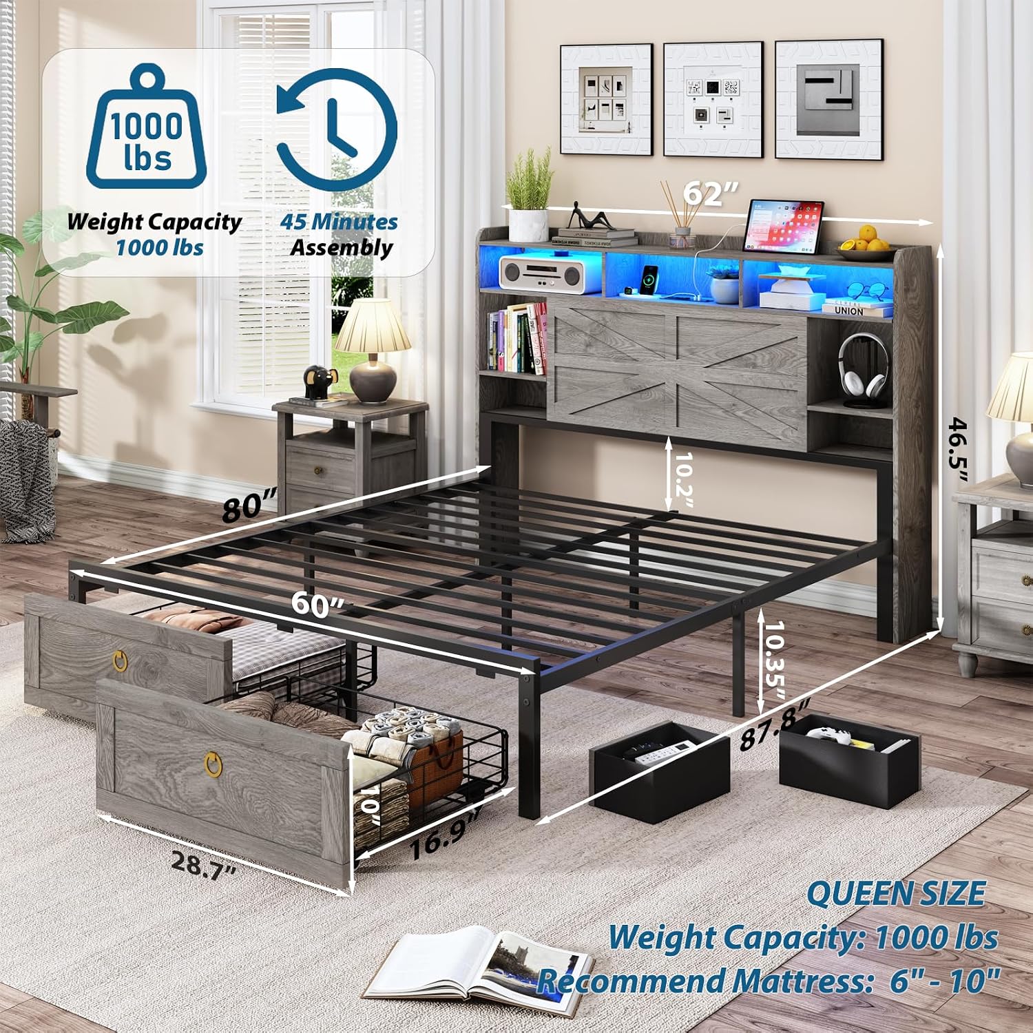 TIGUBFRE Queen Bed Frame with Storage Headboard, Farmhouse Wood Bed Frame Queen Size with 4 Drawers, LED Light & Charging Station, Metal Slats Support, Noise Free, No Box Spring Needed, Rustic Gray