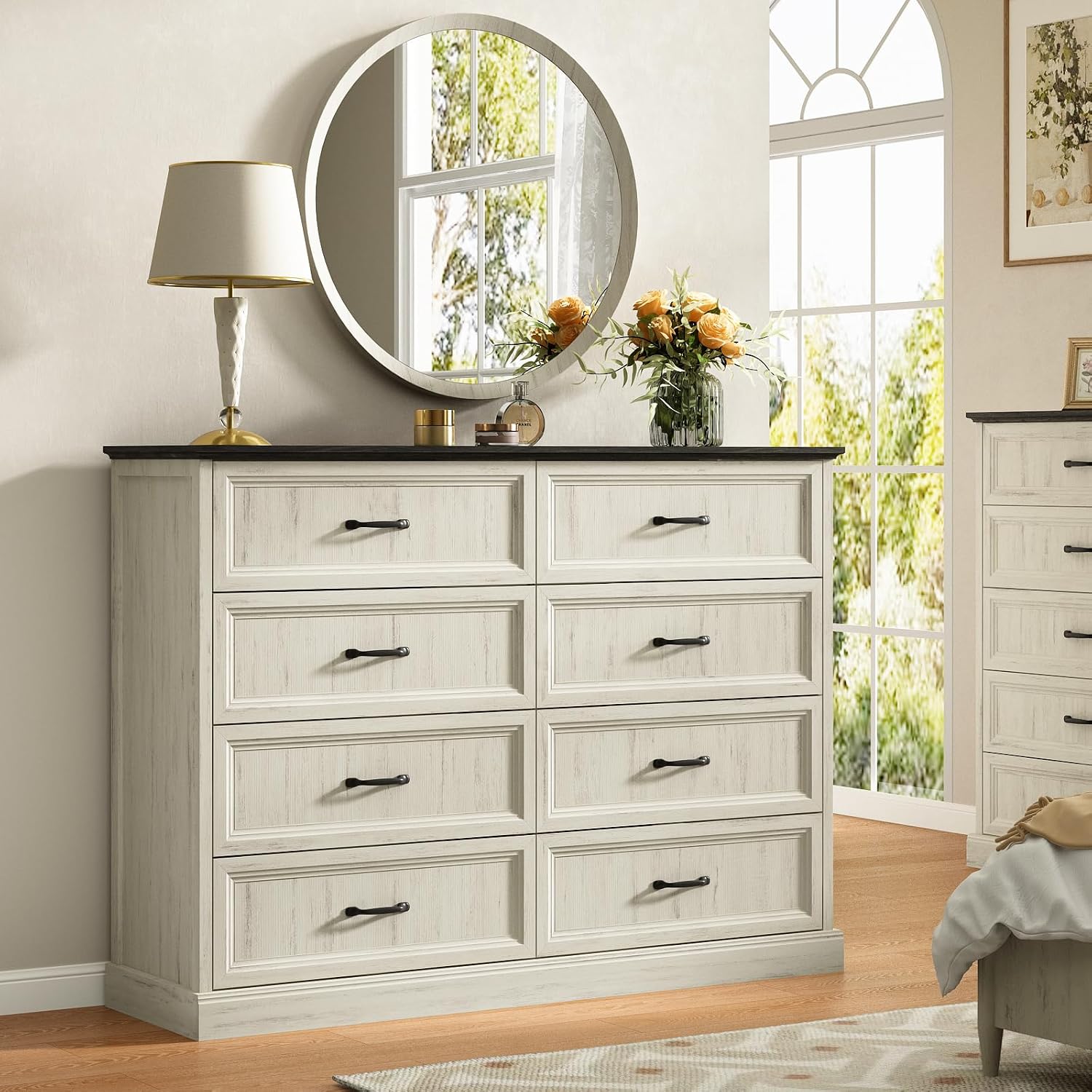 CARPETNAL Farmhouse Dresser and Nightstand Sets for Bedroom, 3 Pcs Bedroom Set, 8 Drawer Dresser & Nightstand Set of 2, Modern Wood Chest of Drawers for Bedroom Living Room, Entryway, White
