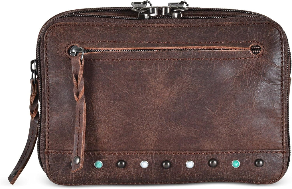 Kailey Concealed Self Defence Waist Bag by Lady Conceal - Buffalo/Suede Cowhide Leather, 3 Open Sides & Locking Zippers with Universal Holster (Mahogany w/Studs) - 8' L x 5.5' H x 2.25'