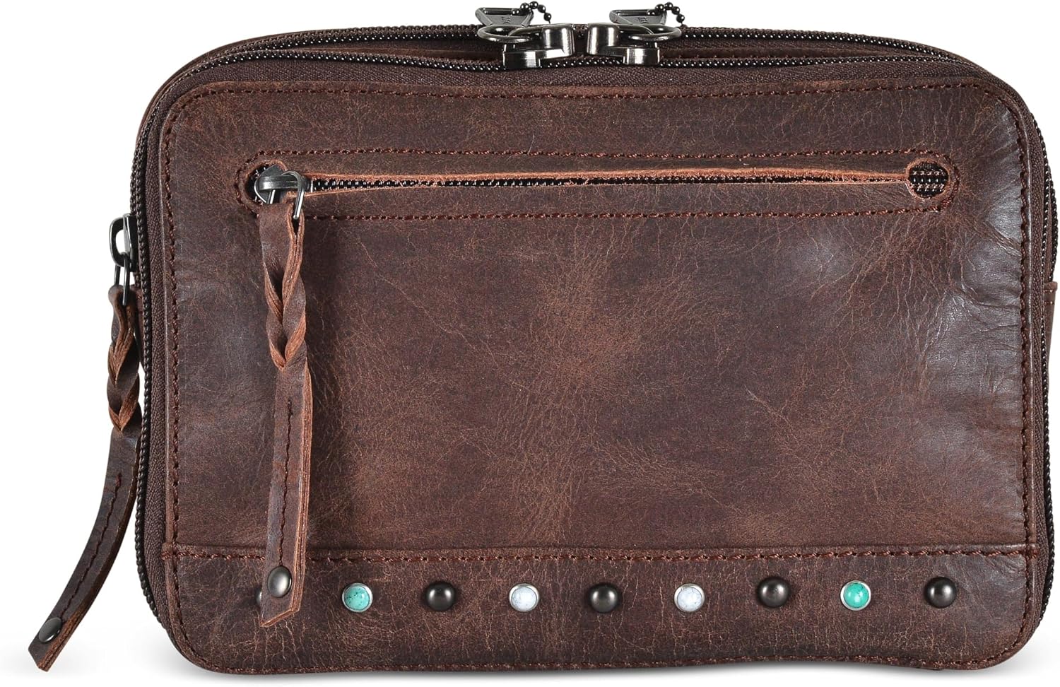 Kailey Concealed Self Defence Waist Bag by Lady Conceal - Buffalo/Suede Cowhide Leather, 3 Open Sides & Locking Zippers with Universal Holster (Mahogany w/Studs) - 8' L x 5.5' H x 2.25'