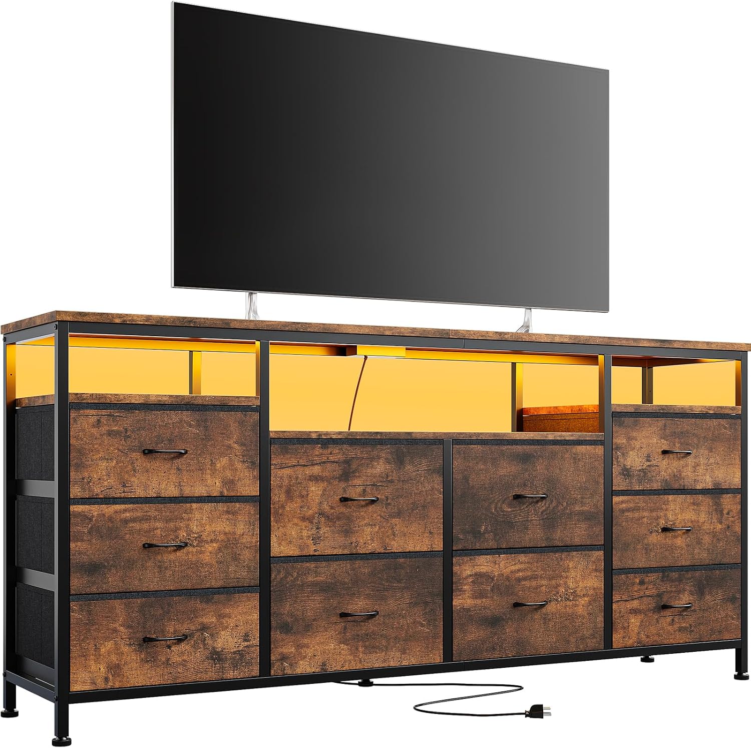 63.3 in Dresser for Bedroom, 10 Drawer Dresser TV Stand for 65 70 75 in TV, Fabric Chest of Drawers with LED Lights & Power Outlets, Long Entertainment Center for Closet, Living Room, Entryway