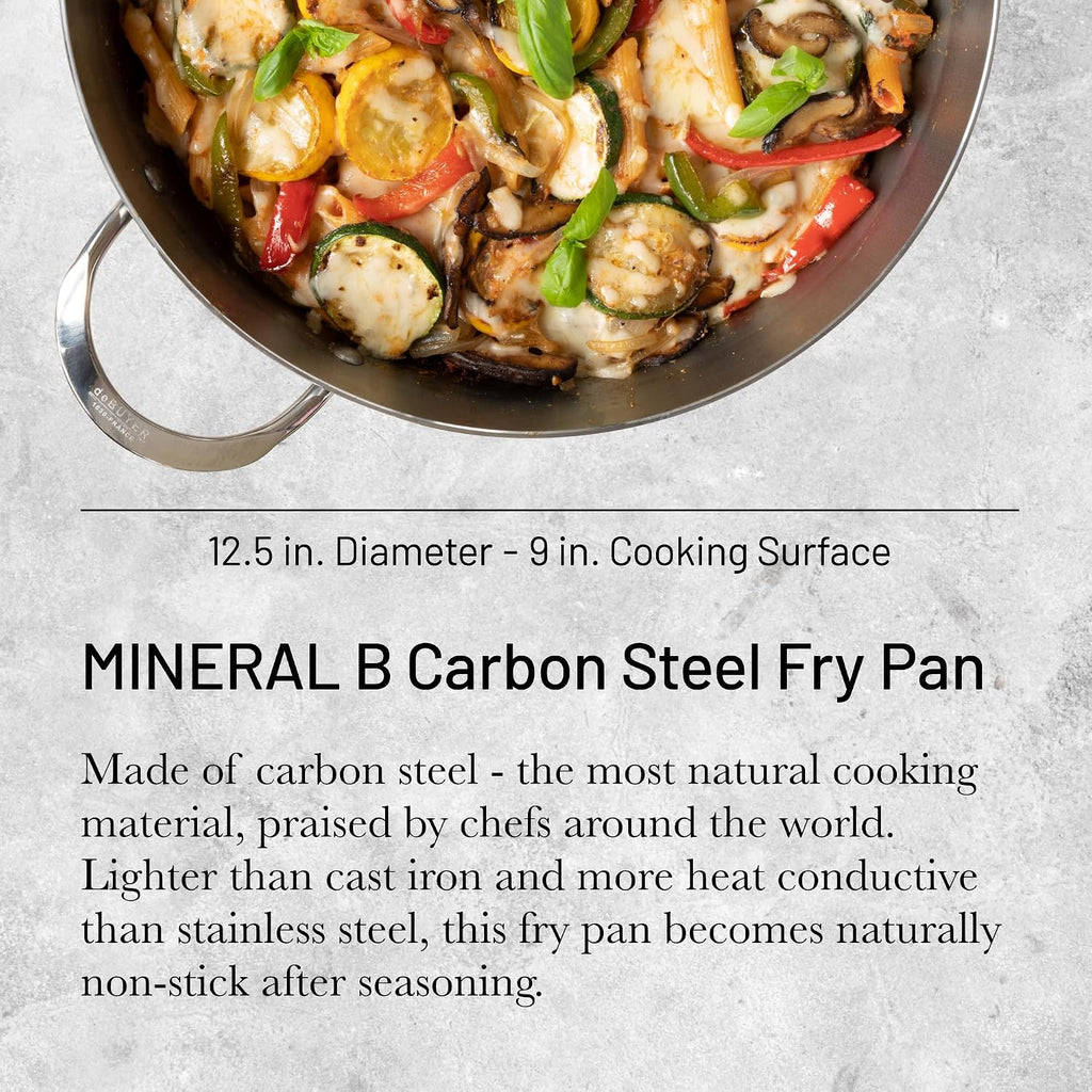 de Buyer MINERAL B Carbon Steel Fry Pan - 12.5' Diameter, 9' Cooking Surface - Ideal for Searing, Sauteing & Reheating - Naturally Non-Stick Finish - Made in France