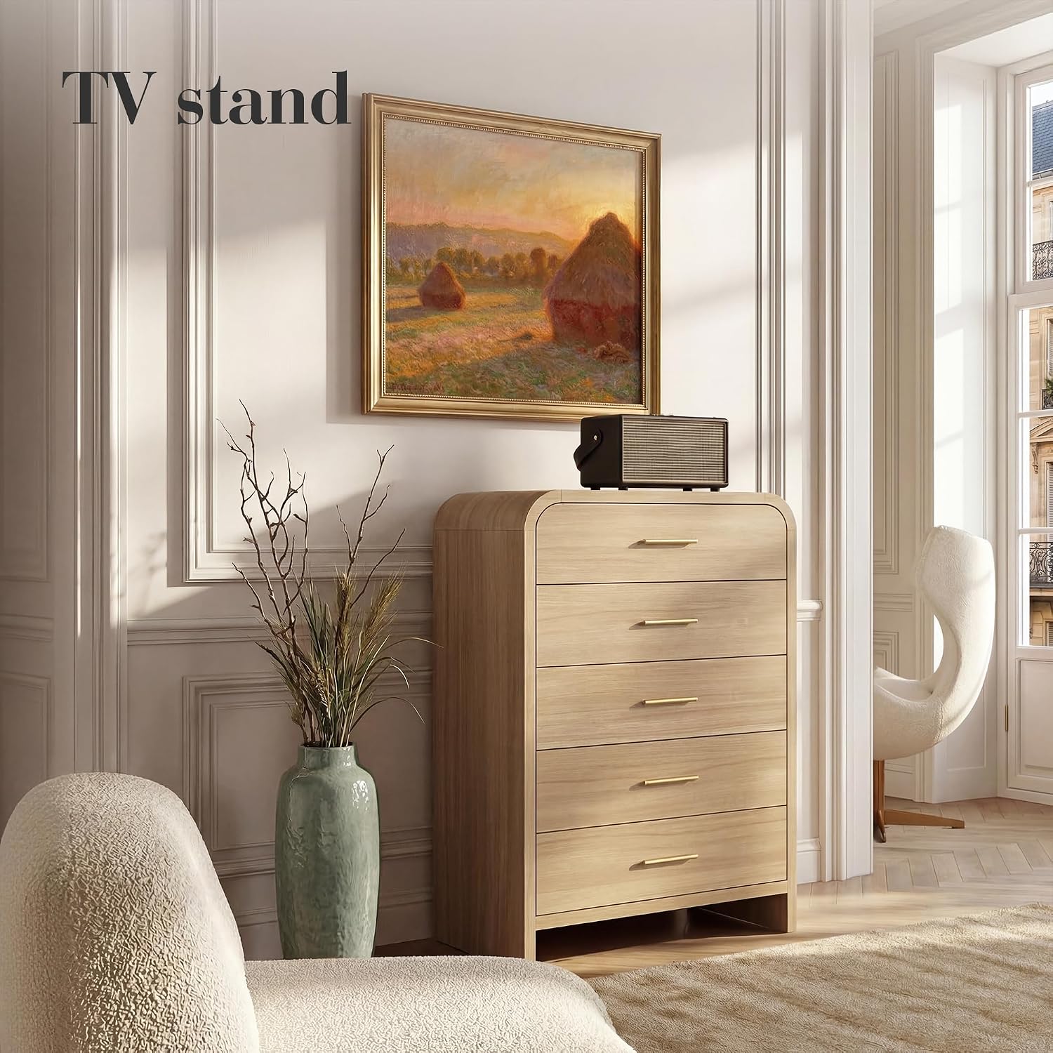 Curved 5-Drawer Dresser for Bedroom, 45.59' Tall Modern Chest of Drawers, Wooden Chest of Drawers for Living Room, Closet Storage Organizer Furniture, Nursery, Hallway, Oak