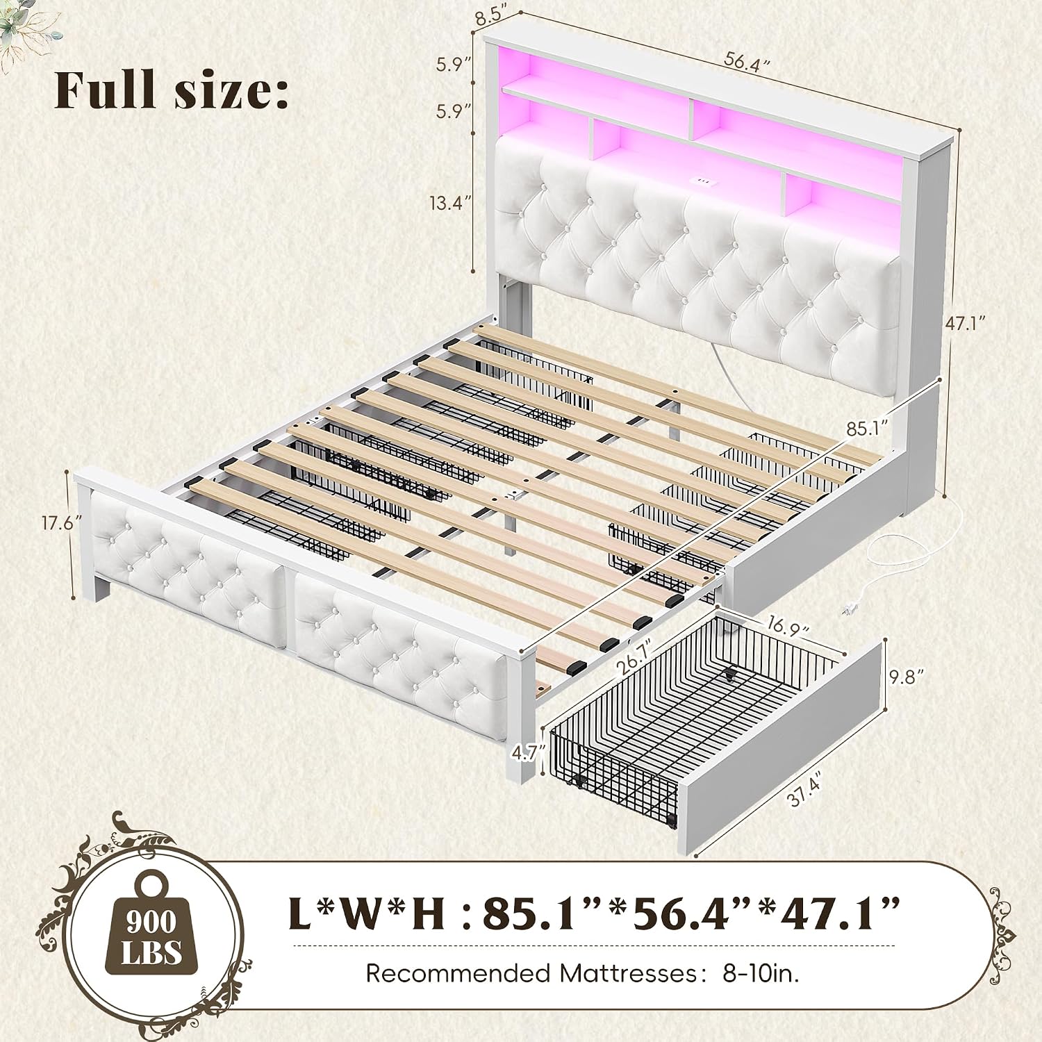EnHomee Full Size Bed Frame with 4 Storage Drawers and Headboard Upholstered,Wooden Full Bed Frame with Charging Station and LED Light,NO Noise,No Box Spring Needed,Beige