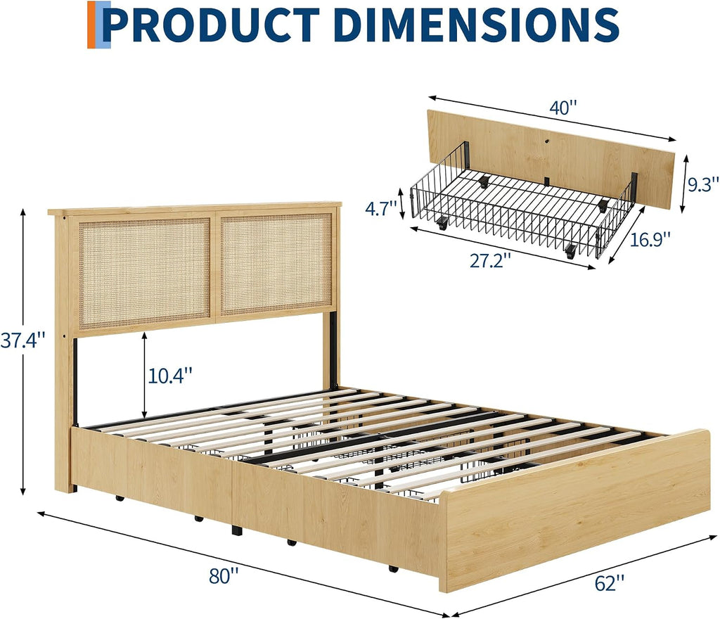 coucheta Rattan Bed Frame Queen with Natural Rattan Headboard,Queen Bed Frame with LED Lights,Rattan Queen Bed Frame with Headboard, Wood Foundation with Silent Slats,No Box Spring Needed