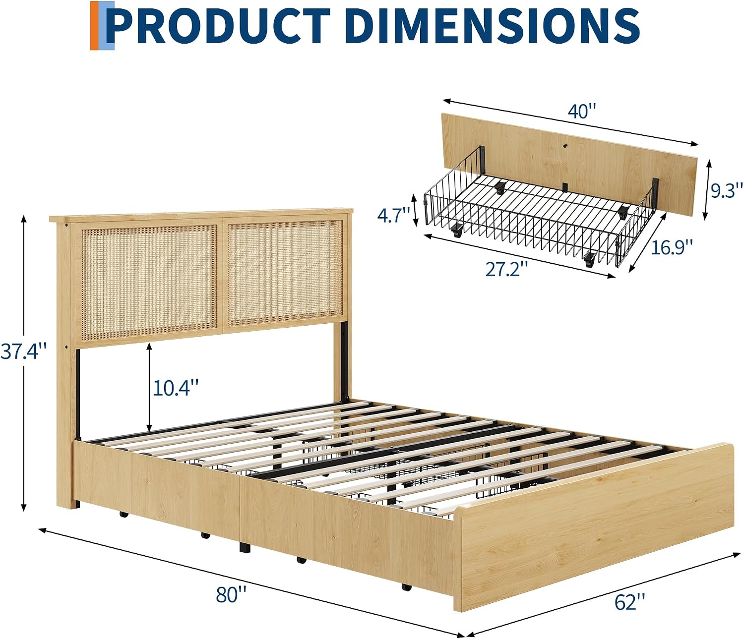coucheta Rattan Bed Frame Queen with Natural Rattan Headboard,Queen Bed Frame with LED Lights,Rattan Queen Bed Frame with Headboard, Wood Foundation with Silent Slats,No Box Spring Needed