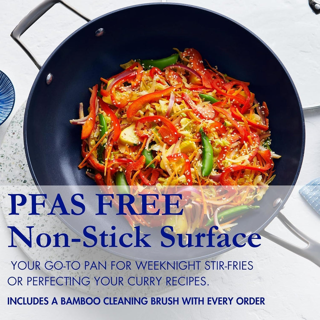 Blu. Cookware 12.6' Wok with Lid, Durable Non-Stick Stir Fry Pan, Non-Toxic, PFA/PFOA-Free, Suitable for All Cooktops, Includes Bamboo Brush