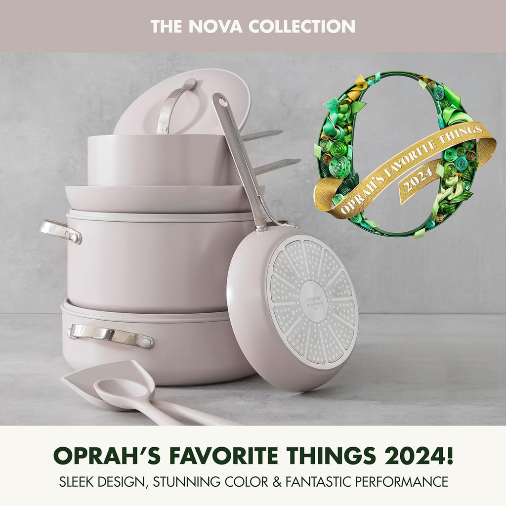 GreenPan Nova 10-Piece Cookware Pots & Pans Set, Oprah's Favorite Things 2024, PFAS-Free Ceramic Nonstick, Fry, Sauté, Stockpot, Utensils, Lids, Induction Suitable, Dishwasher & Oven Safe, Clay