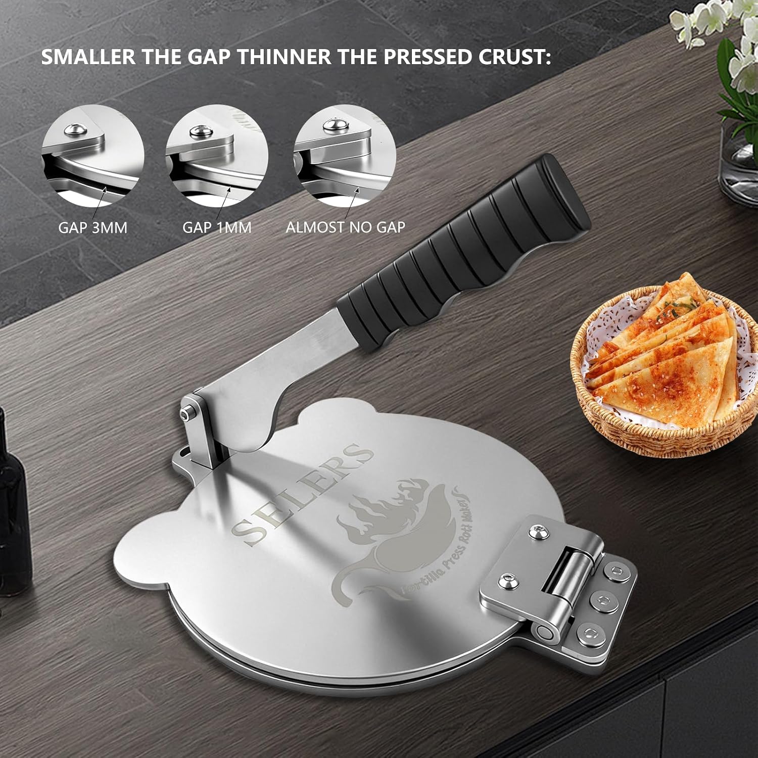 Tortilla Press Stainless Steel，SELERS,Heavy Duty, Adjustable To Press Different Thickness Of Crust, Removable, For Flour Tortilla, Roti, Flatbreads, Taco, Pie, Silver (10.5 inch)