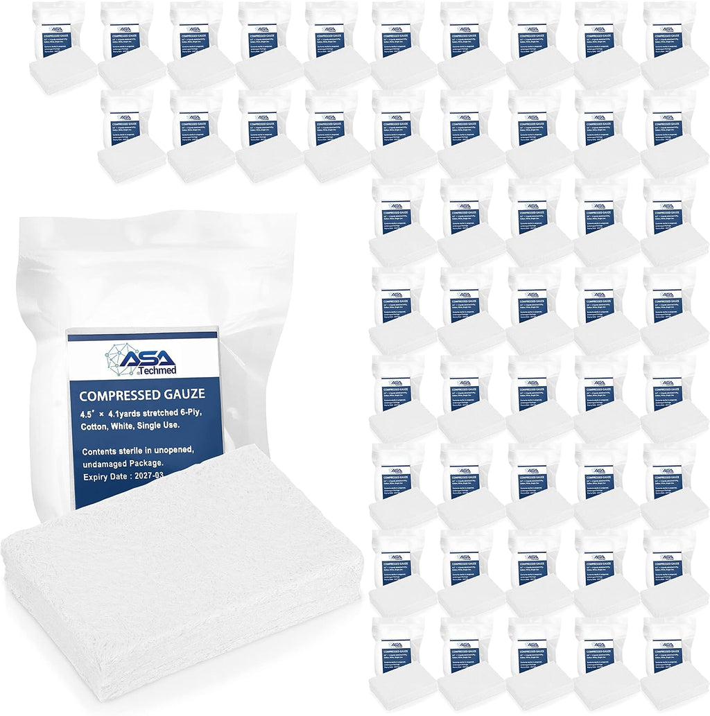 ASA TECHMED Sterile Compressed Gauze for Emergency Wound Dressing, First Aid and Trauma Kit, 50 Pack