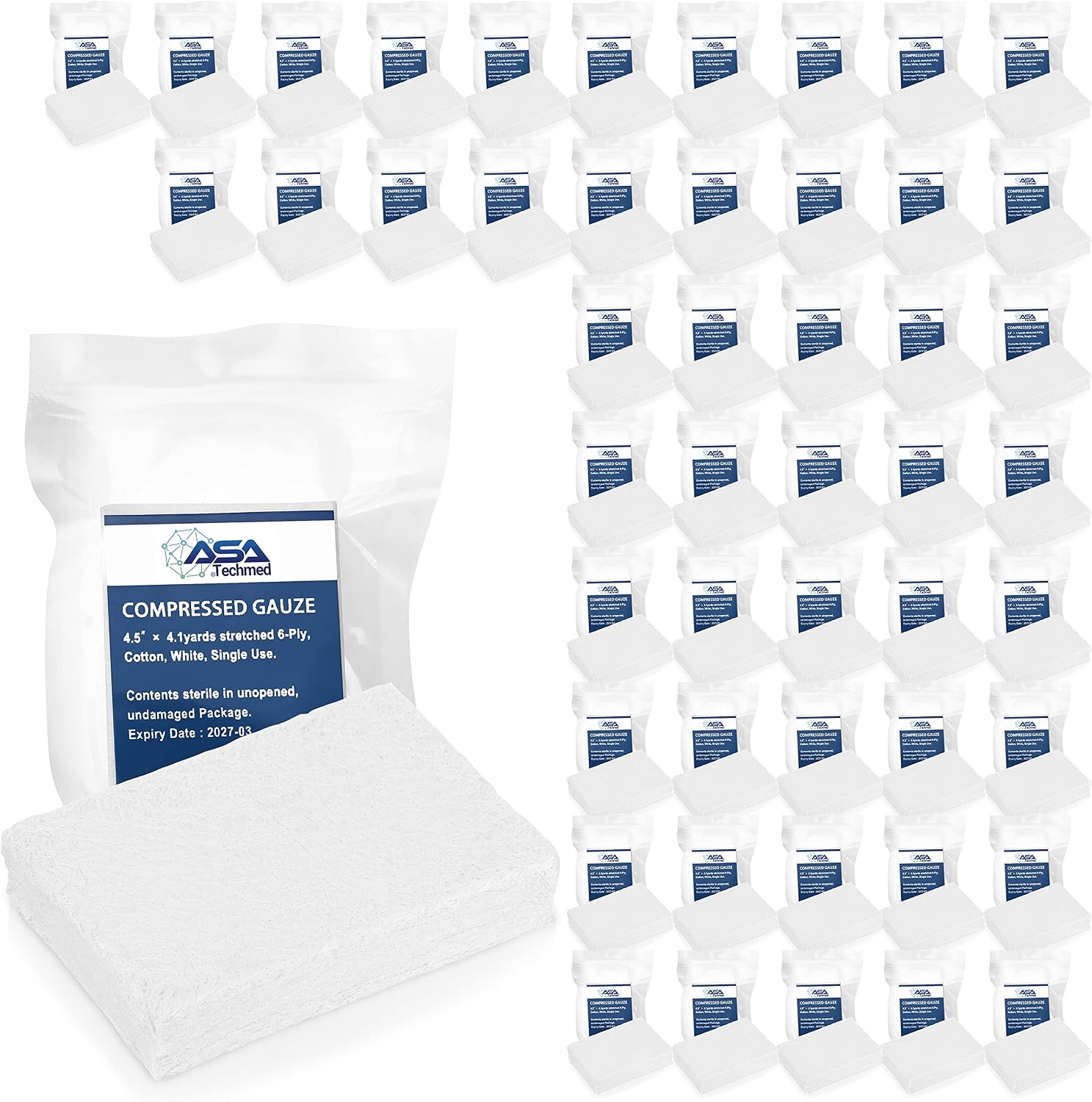 ASA TECHMED Sterile Compressed Gauze for Emergency Wound Dressing, First Aid and Trauma Kit, 50 Pack