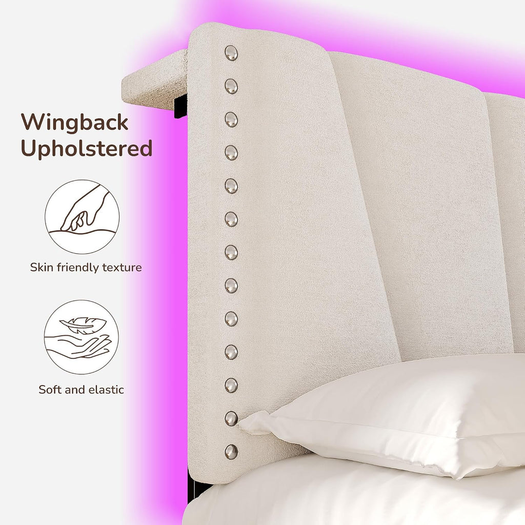 EnHomee Twin Platform Bed Frame with Velvet Upholstered Adjustable Headboard, LED Lights, and Charging Station for Bedroom, Apartment, and Dorm, No Box Spring Needed, Noise-Free, Easy Assembly, Beige