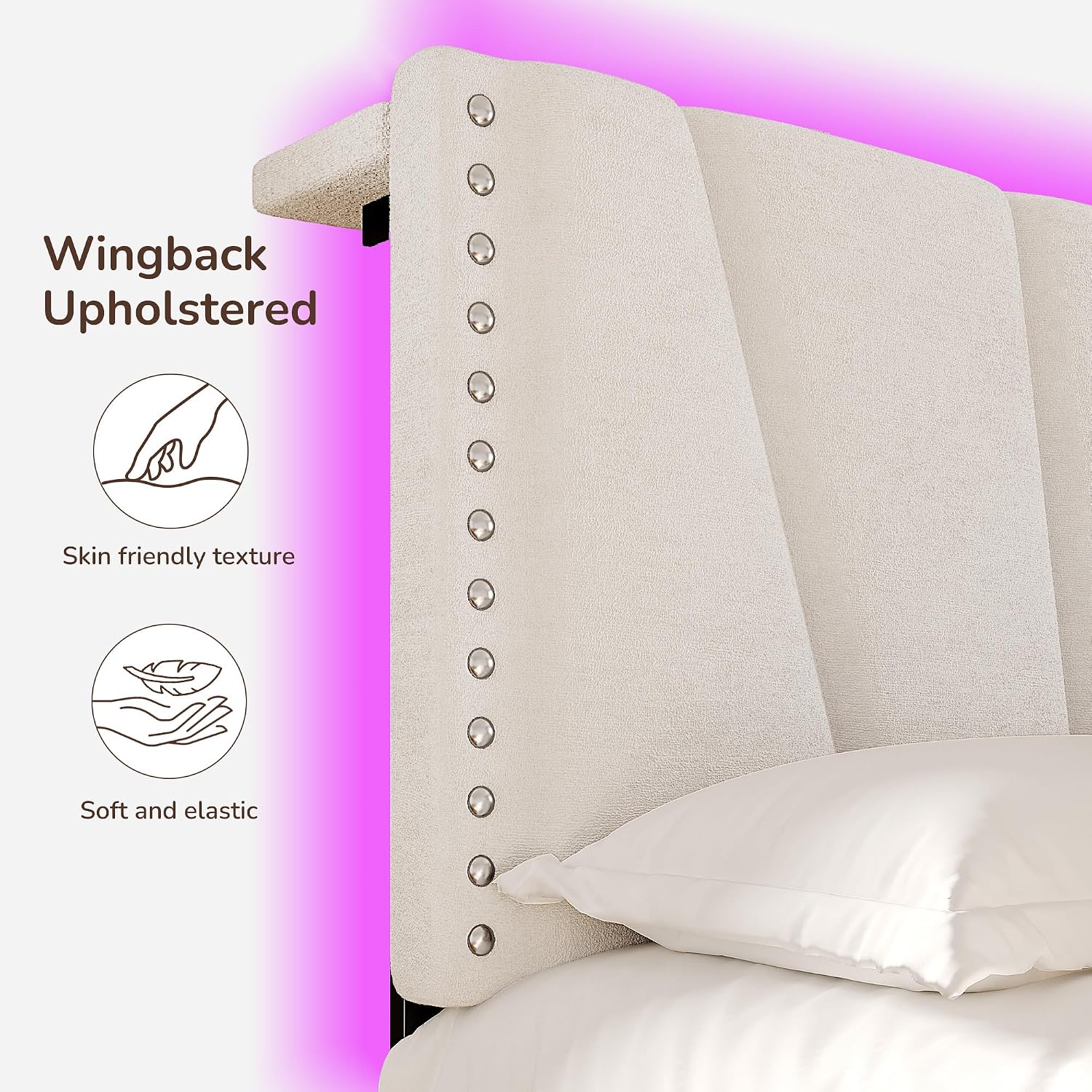 EnHomee Twin Platform Bed Frame with Velvet Upholstered Adjustable Headboard, LED Lights, and Charging Station for Bedroom, Apartment, and Dorm, No Box Spring Needed, Noise-Free, Easy Assembly, Beige