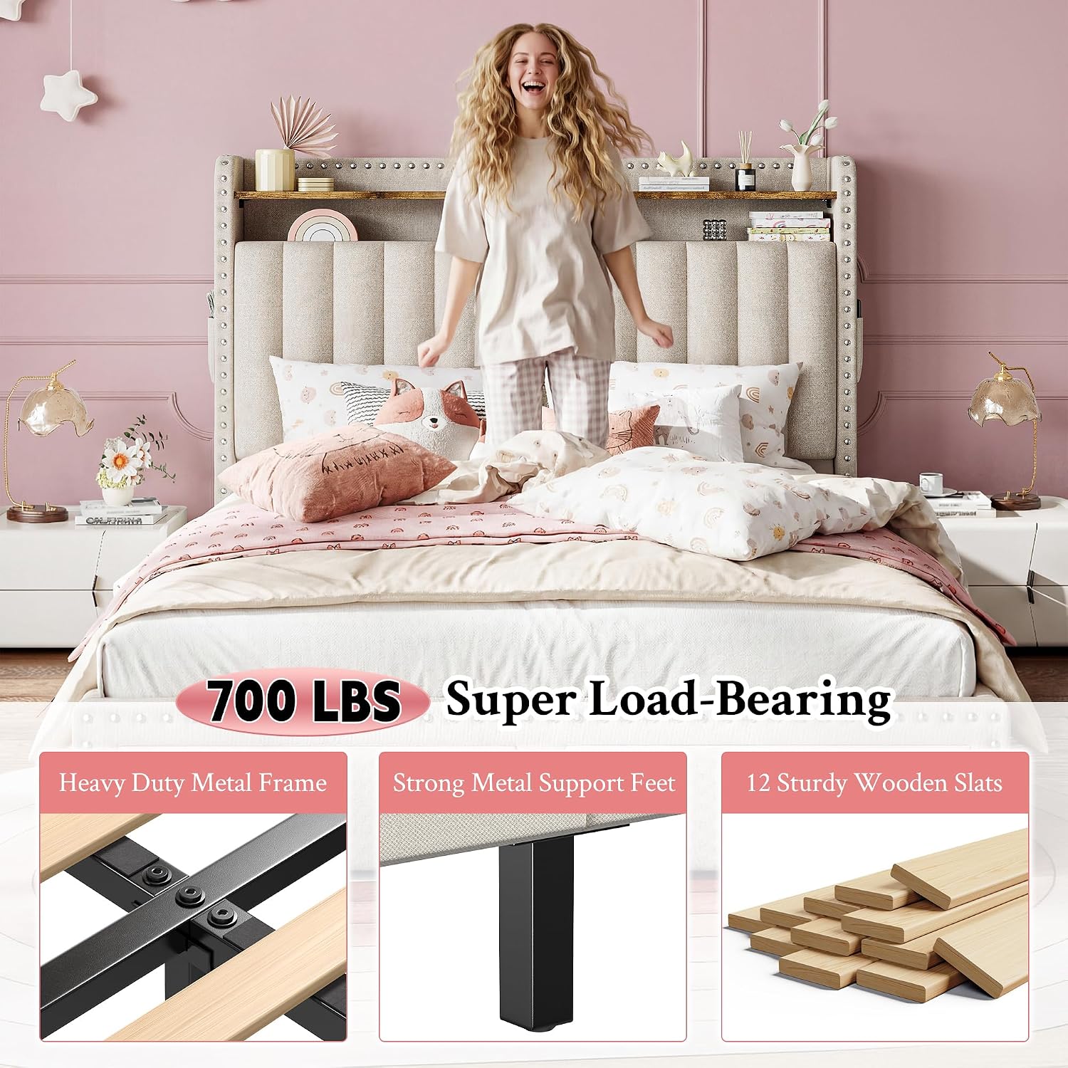 EnHomee Full Size Upholstered Bed Frame with 2 Storage Drawers and 2-Tier Headboard, Vertical Tufted Headboard Design, Extra Storage Space for Bedroom Apartment, Beige
