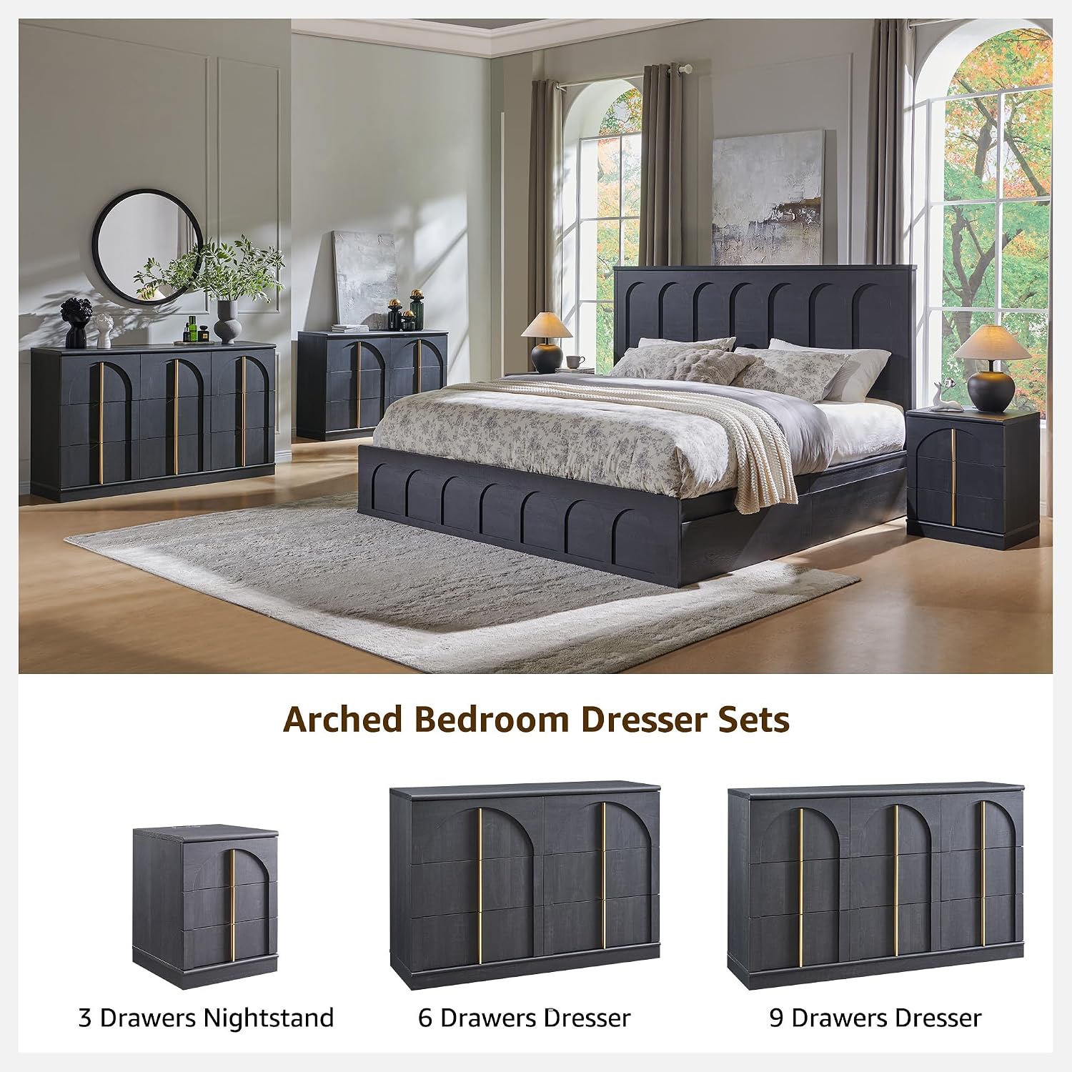 ACCOHOHO King Size Bed Frame Modern with 51' Tall Arched Recessed Headboard and 4 Drawers, Solid Wood Slats Support, Wood Platform, Noise Free, No Box Spring Needed, (Black)