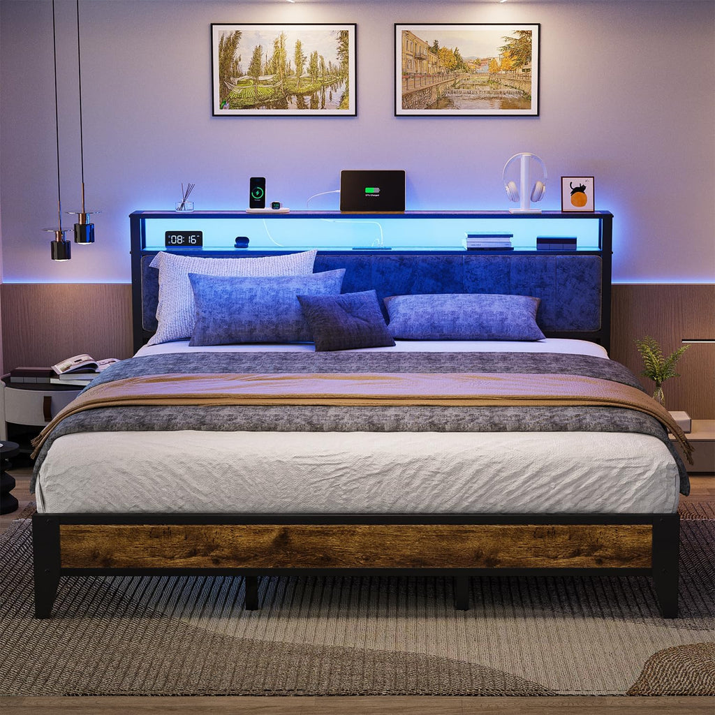 OLEVS King Bed Frame with Headboard, Metal Platform Bed King Size with 2-Tier Storage, LED Light & Charging Station Type C, No Box Spring Needed, Easy Assembly