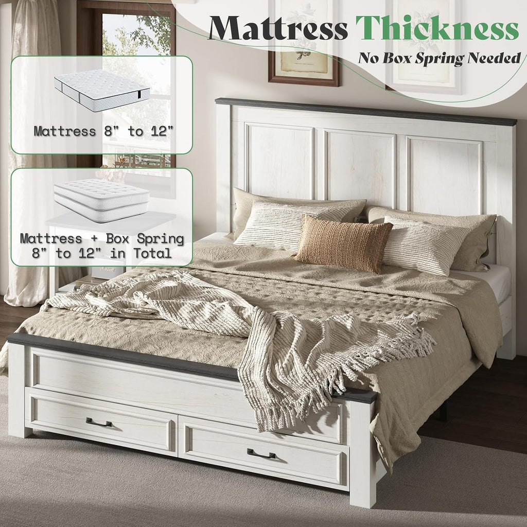 AMERLIFE Full Size Bed Frame with 52.2' Tall -Panel Headboard & Footboard, Farmhouse Wood Platform Bed Frame & 2 Large Storage Drawers, No Box Spring Needed, Noiseless, Rustic White