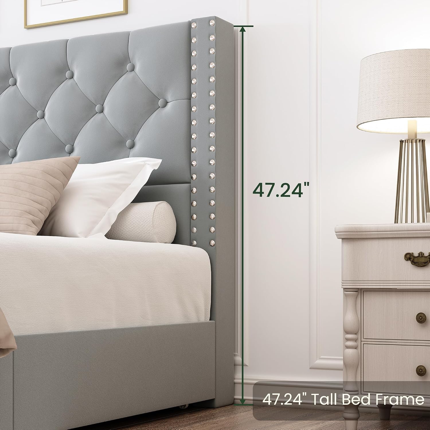 LARMACE Queen Size Bed Frame Upholstered Platform Bed with 4 Storage Drawers and Tufted Headboard Bed Frame with Heavy Duty Wood Slats, No Box Spring Needed, Easy Assembly, Bluish Grey