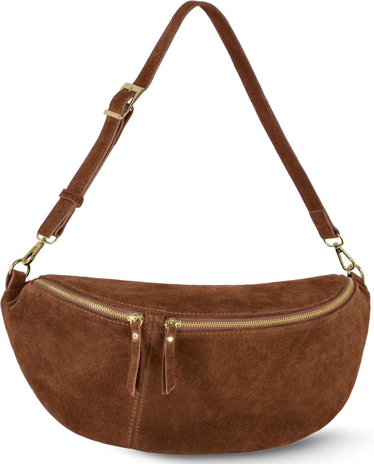 Italian Genuine Suede Crossbody Bag for Women with Zipper & Detachable Strap | Large Travel Chest Sling Fanny Pack (Brown)