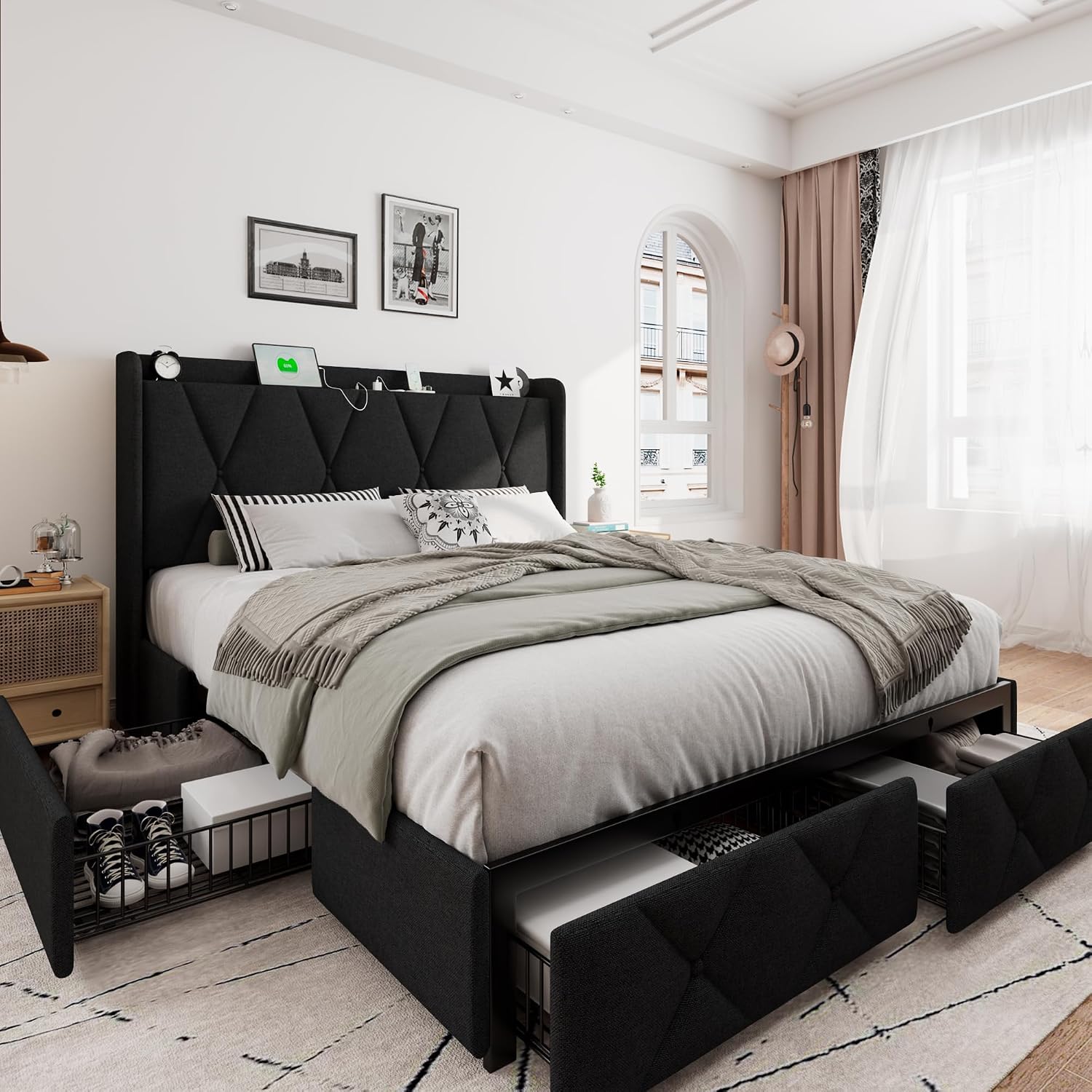 iPormis Full Size Bed Frame with 4 Storage Drawers, Upholstered Platform Bed Frame with Charging Station, Modern Wingback Storage Headboard, Easy Assembly, Black