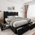 iPormis Queen Bed Frame with 4 Storage Drawers, Upholstered Platform Bed Frame with Charging Station, Modern Wingback Storage Headboard, Easy Assembly, Black