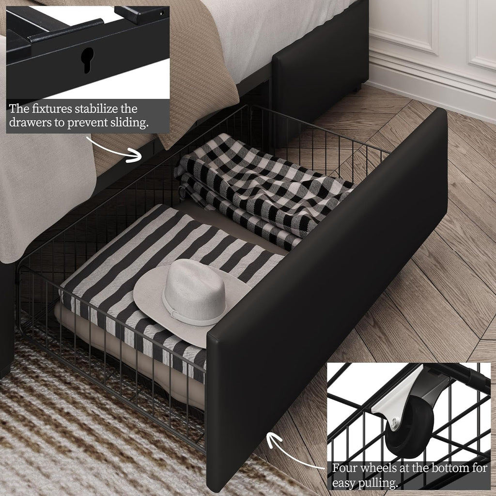 Yaheetech Queen Bed Frame Upholstered Bed Frame with Adjustable Diamond Button-Tufted Headboard/3 Drawers Storage, Queen Platform Bed/Strong Wooden Slats, Black Queen Bed