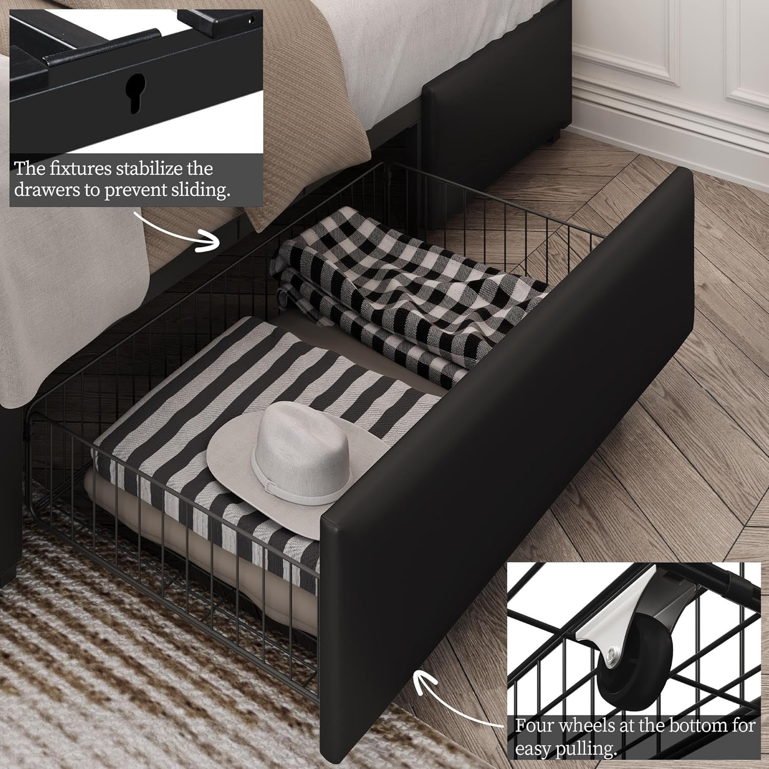 Yaheetech Queen Bed Frame Upholstered Bed Frame with Adjustable Diamond Button-Tufted Headboard/3 Drawers Storage, Queen Platform Bed/Strong Wooden Slats, Black Queen Bed