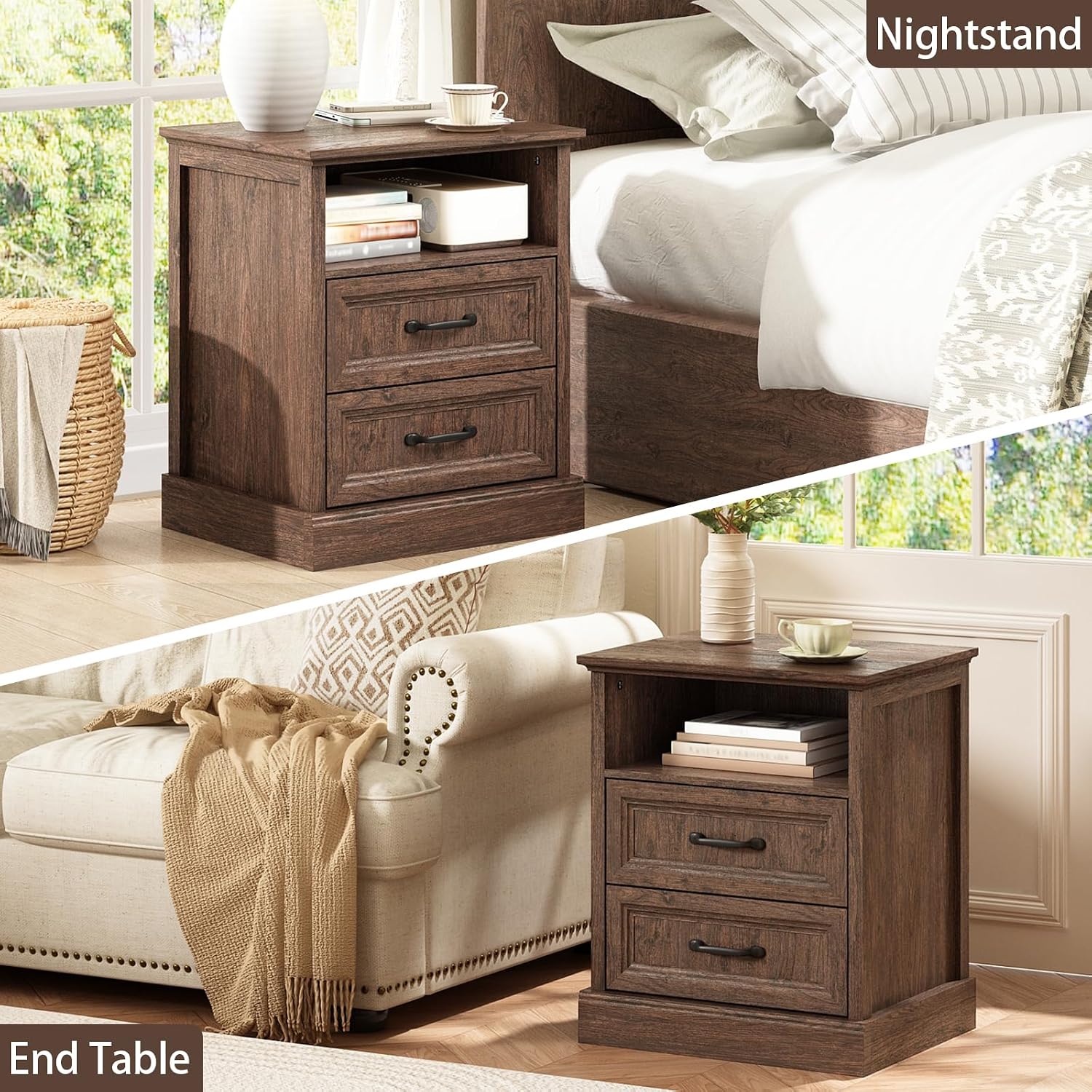 CARPETNAL Farmhouse Dresser and Nightstand Sets for Bedroom, 3 Pcs Bedroom Set, 7 Drawer Dresser & Nightstand Set of 2, Modern Wood Chest of Drawers for Bedroom, Living Room, Entryway, Brown