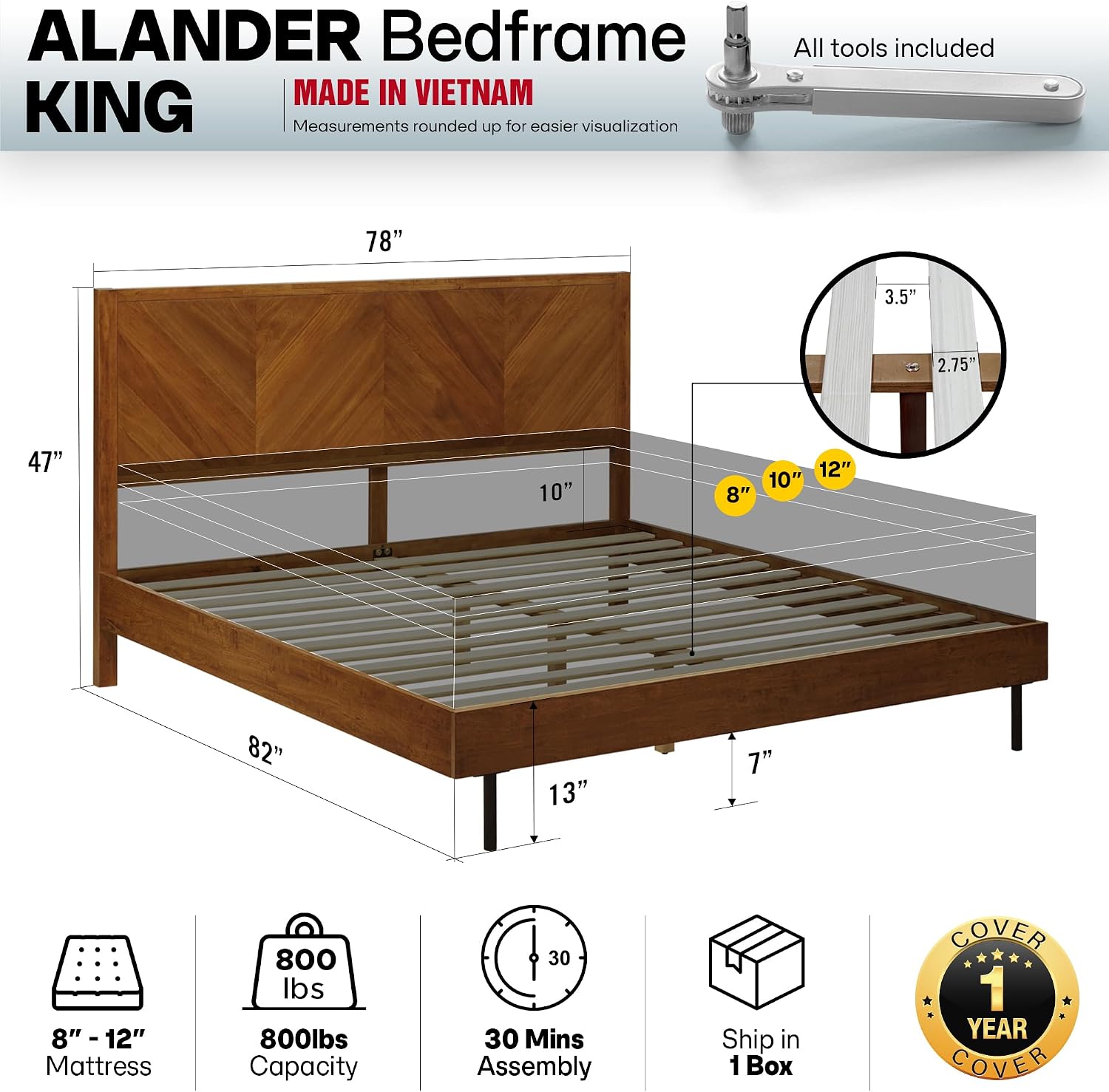Acacia Alander King Bed Frame and Headboard Solid Wood Platform Bed, Scandinavian Signature Wood Bed Compatible with All Mattress Types, Bed Frame King Bedroom Furniture, Wood Slats Support, Walnut