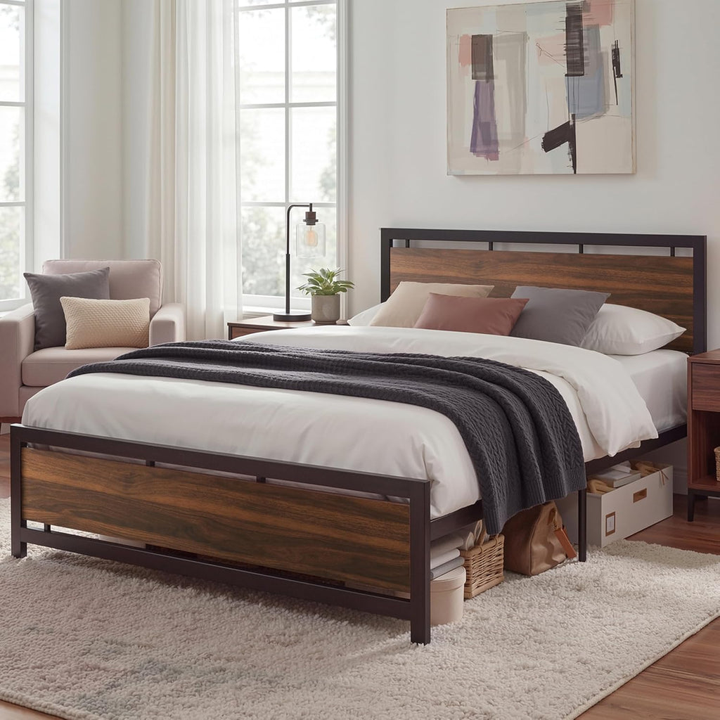 LIKIMIO King Bed Frame with Headboard and Footboard, Metal Strong Supports, Easy Assembly, Noise-Free, No Box Spring Needed, Dark Walnut