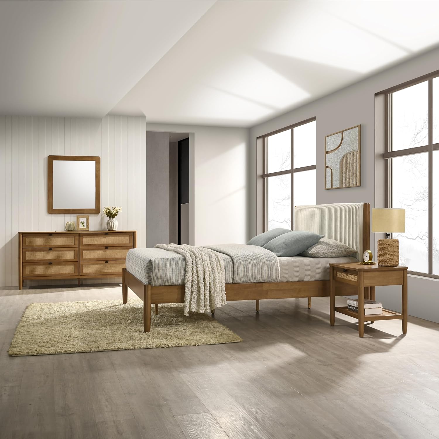 Roundhill Furniture Vichy 5-Piece Rubberwood Bedroom Set with Textured Polyester Upholstered Queen Bed, Chest, Dresser, Mirror, and 2 Nightstands