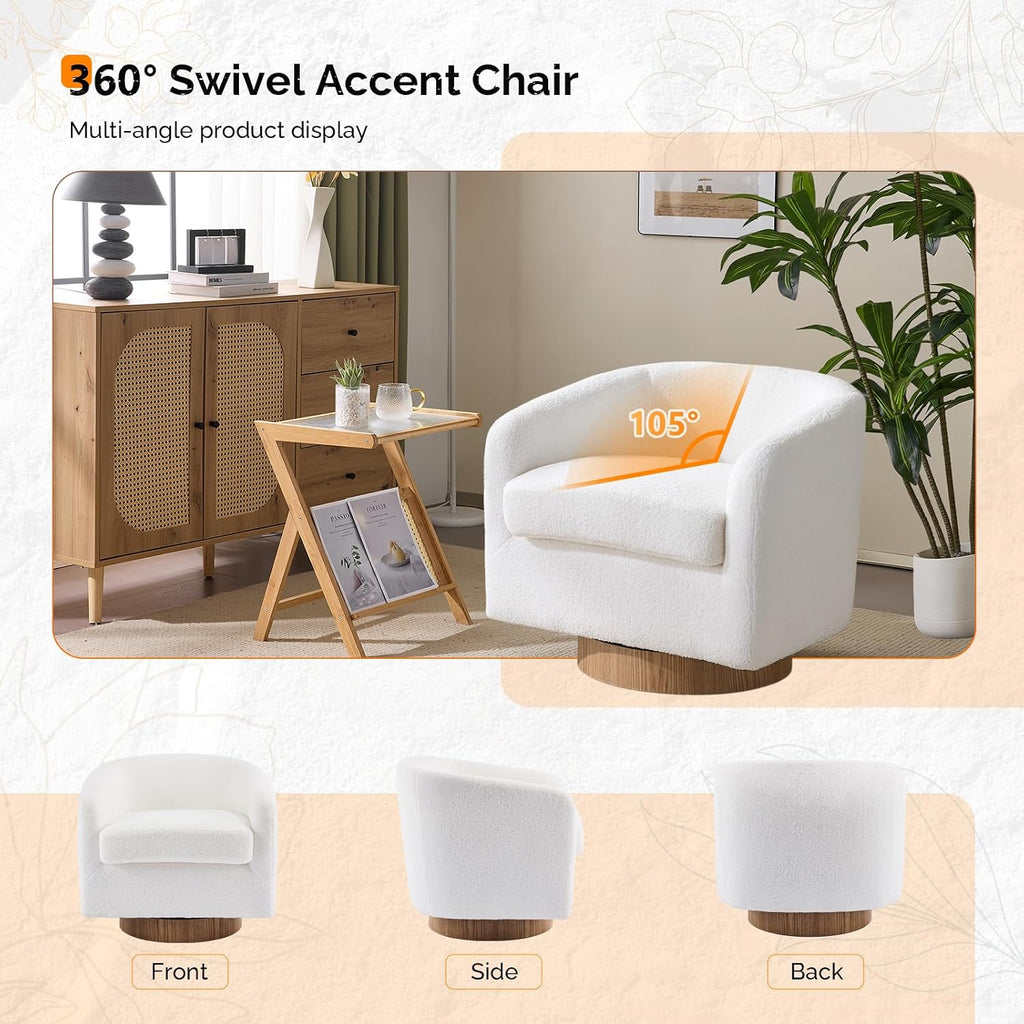 VINGLI 360°Swivel Accent Chair with Engineered Wood Base and Removable Cushion for Living Room, Bedroom, Curved Back Barrel Chair for Small Space, Upholstered Bucket Armchair, Teddy White
