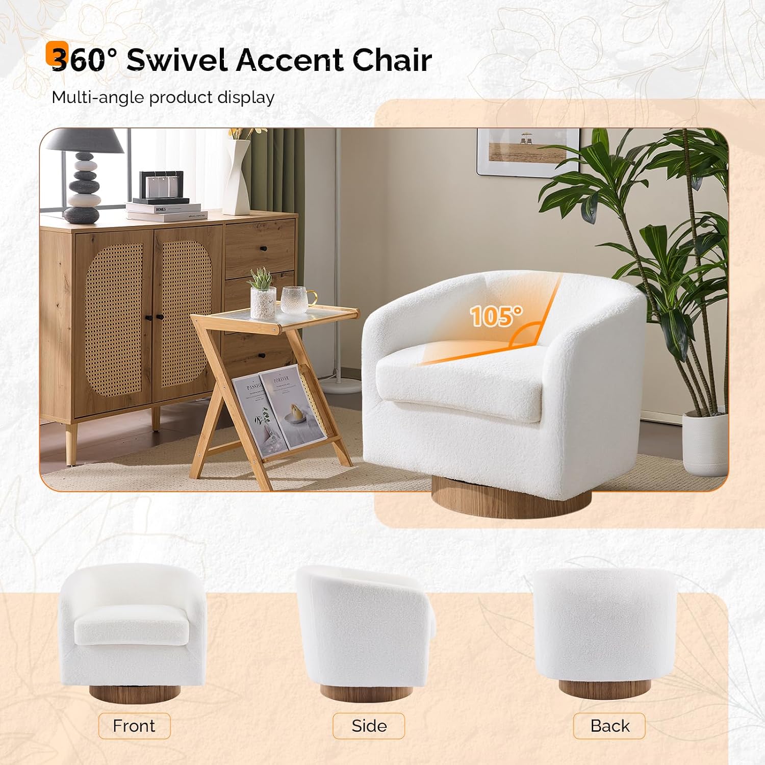 VINGLI 360°Swivel Accent Chair with Engineered Wood Base and Removable Cushion for Living Room, Bedroom, Curved Back Barrel Chair for Small Space, Upholstered Bucket Armchair, Teddy White