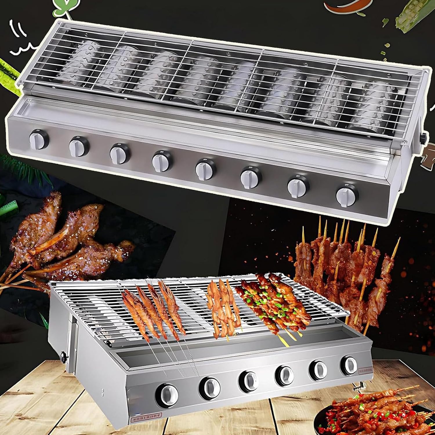 Tabletop Grill,LPG Gas BBQ Grill with 6/8 Burners, Portable Gas Barbecue Griddle,Removable Grids, Adjustable Height, for Indoor Kitchen Use for Parties, Backyard Gatherings B