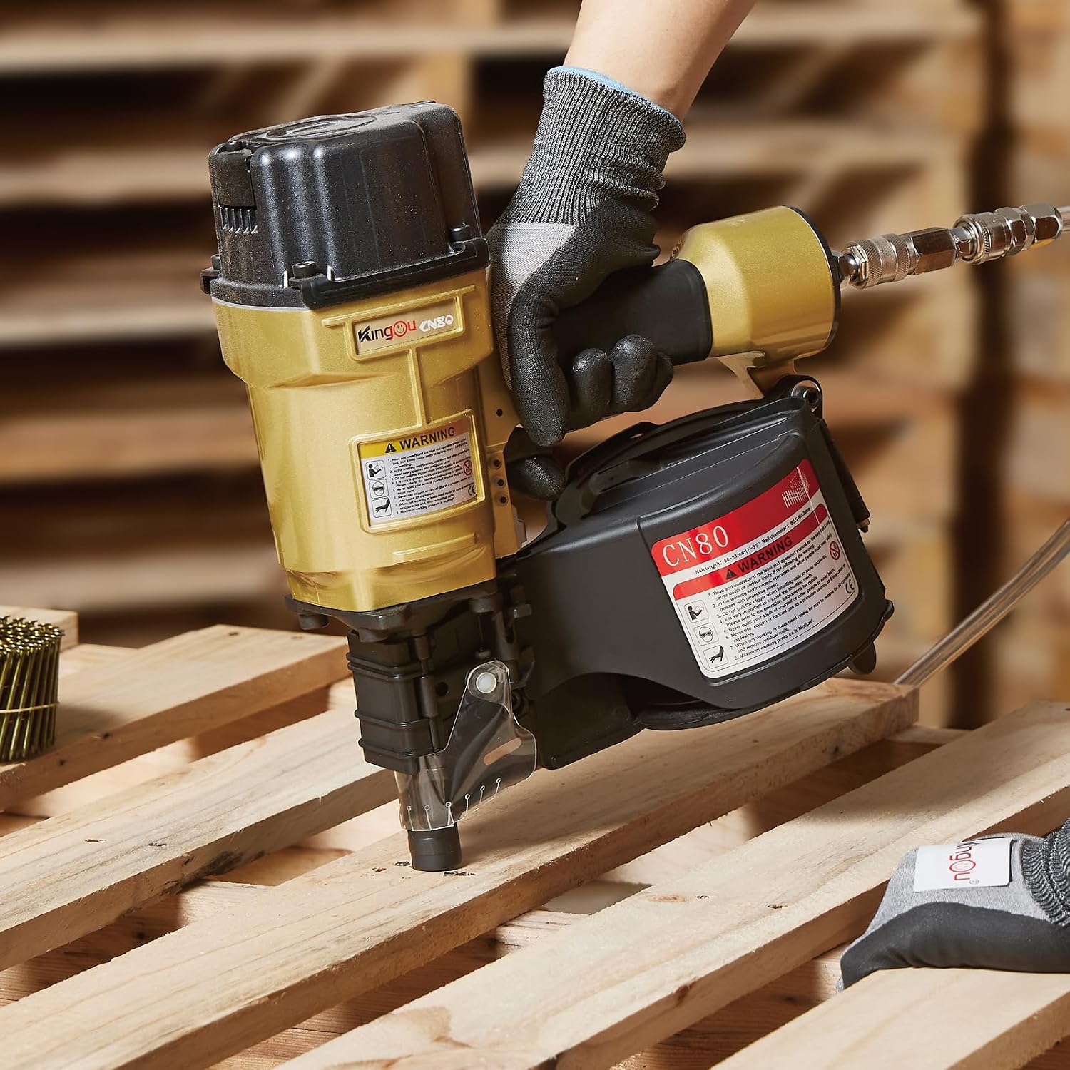 Kingou CN80 Coil Nailer Gun for Wooden Pallet Accepts 1.97-Inch to 3.15-Inch Nails with 1/4 NPT Air Connector 225-300pcs Load Capacity Coil Nailer Coil Nail Gun for Wooden Box Packing