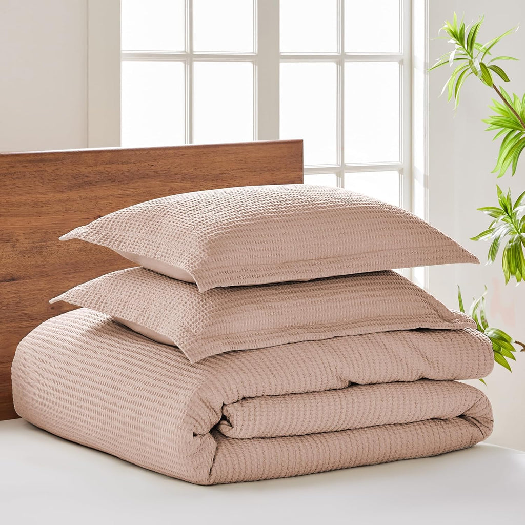 Levtex Home Cloud Waffle King/Cal King Comforter Set (106x94in) with 2 Pillow Shams (36x20in) - Solid Waffle Cotton Texture - Blush - 100% Cotton King Size Comforter Set - Soft, Pre-Washed