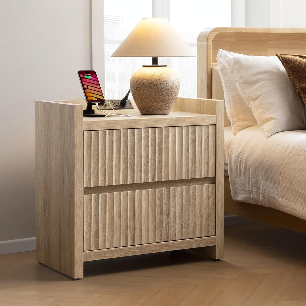 SICOTAS Night Stand Fluted Nightstands with Charging Station- Modern 2 Drawers Nightstand 25' Tall Bedside Table End Table, Large Night Stands for Bedroom, Sofa Side (Light Oak, 1 Piece)