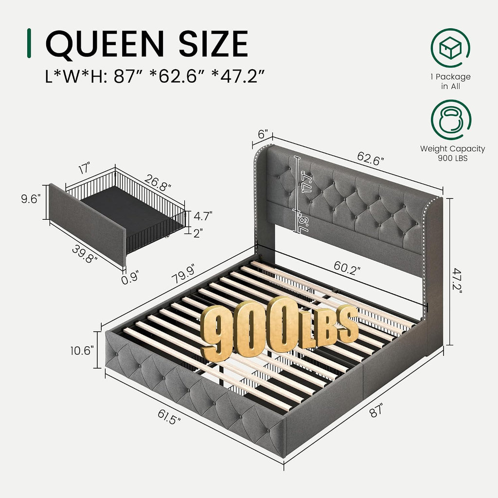 LARMACE Queen Size Platform Bed Frame with 4 Storage Drawers and 47.2' Tall Tufted Headboard Linen Upholstered Bed Wingback Bed Frame with Wooden Slats Support, Easy Assembly, Light Grey
