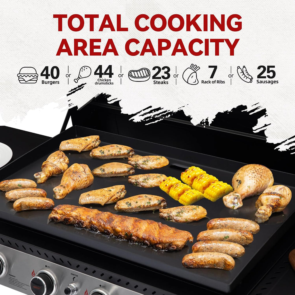 Royal Gourmet GB4007P 4 Burner Propane Gas Griddle with Hood, 34-Inch Flat Top Grill with Folding Side Tables for Outdoor Cooking like Camping or Tailgating, Black & Silver